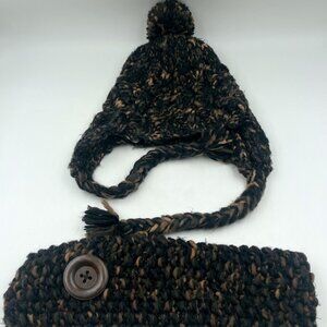 FOSSIL VGT Womens Brown Black Scarf and Pom Beanie Hat Metallic Cozy 2 Piece Set